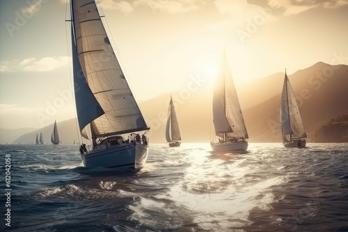Many sailing yachts in the rays of sunset. Generative ai. © Iryna