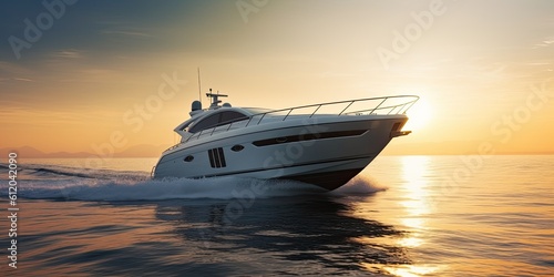 Fotografiet A luxury yacht sails on the sea in the rays of sunset