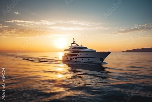 Summer vacation on the water, a modern yacht sails in the rays of sunset. Generative ai. © Iryna