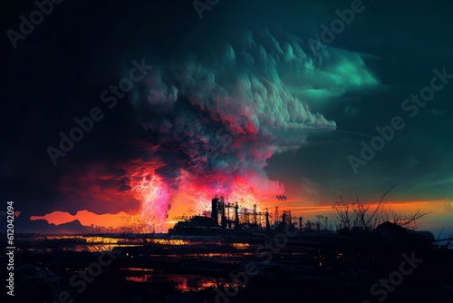 An image showing smoke coming towards an old factory, in the style of intricate psychedelic landscapes. Generative AI.