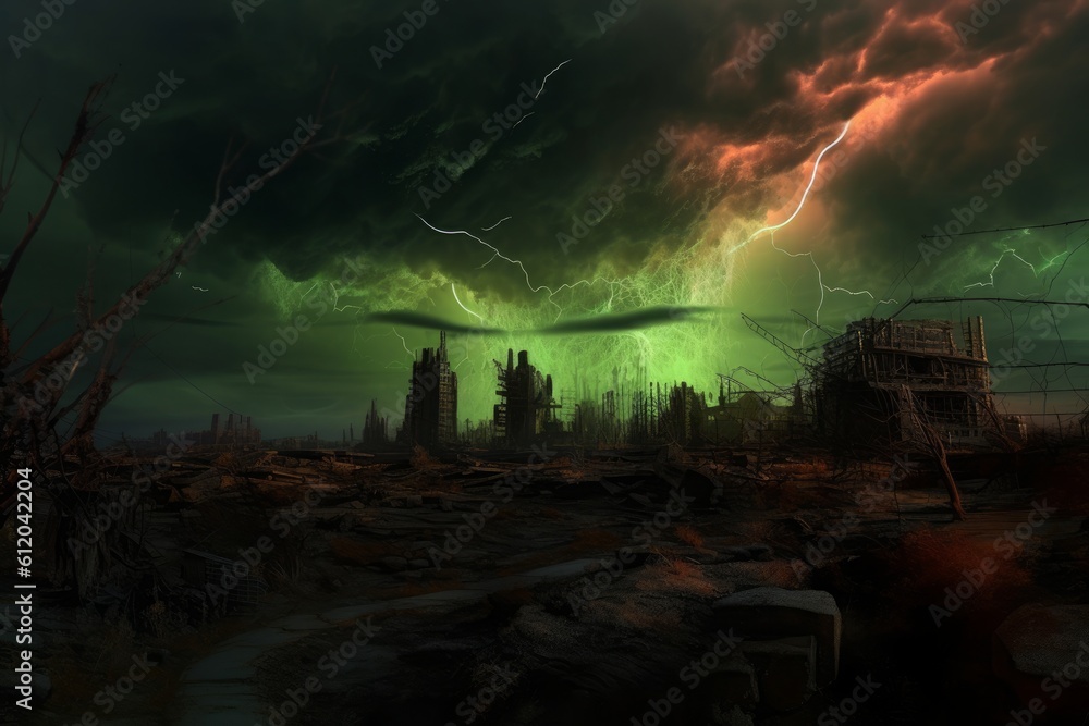 A fallen world, full of lightning, and a green storm, in the style of post-apocalyptic imagery. Generative AI.