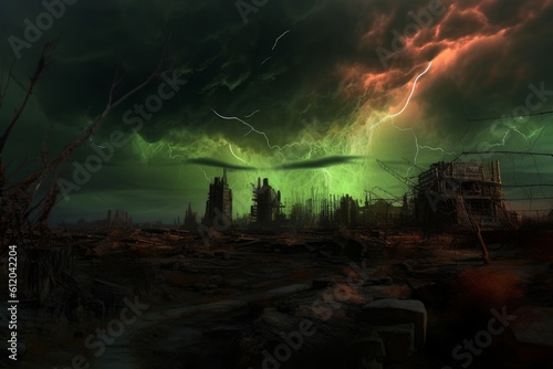 A fallen world  full of lightning  and a green storm  in the style of post-apocalyptic imagery. Generative AI.