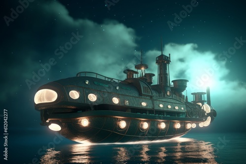 Obraz na plátne A large steam ship floating in the sea with lights on, in the style of futuristic victorian