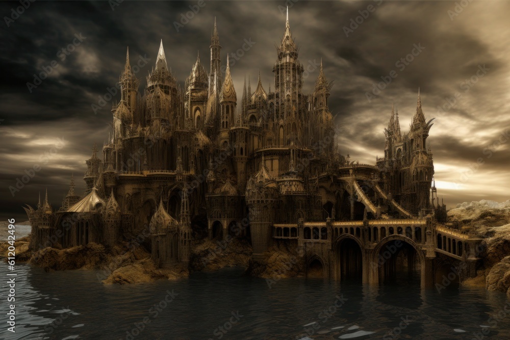 A fantasy castle over a dark lake, in the style of intricate cityscapes. Generative AI.