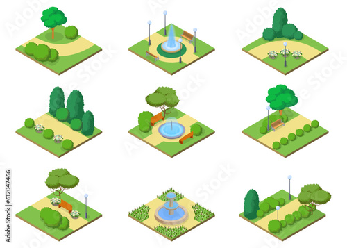 Park path. Isolated isometric summer park paths, green grass and trees, fountains, flowers, benches icon collection. Vector illustration of park nature and walking paths