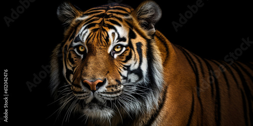 Wilder Löwe im Fotostudio Nahaufnahme Gesicht im Porträt, schwarzer Hintergrund mit Freiraum für Text, ai generativ