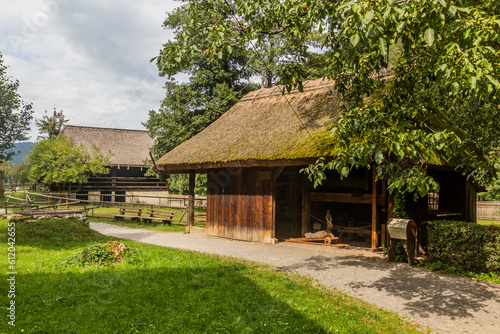 Farmhouses in Black Forest Open Air Museum in Gutach village in Baden-Wuerttemberg, Germany