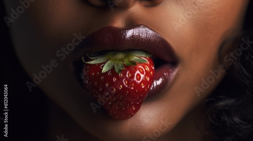 advertising of vapes.Beautiful female red Sexual lips with strawberry . Ai generated. Generative AI