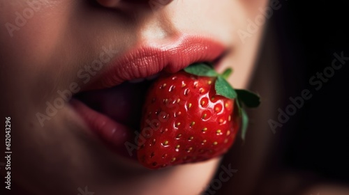 advertising of vapes.Beautiful female red Sexual lips with strawberry . Ai generated. Generative AI