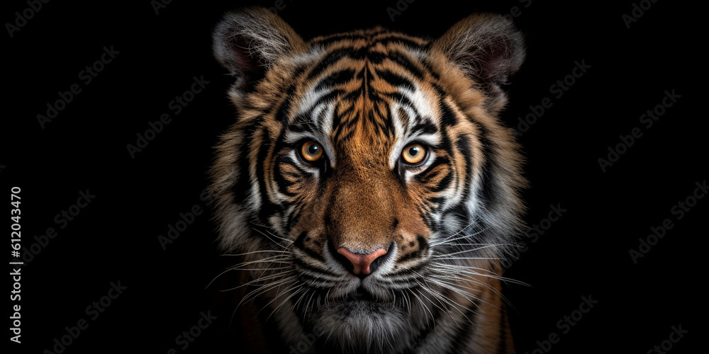 Naklejka premium Wilder Löwe im Fotostudio Nahaufnahme Gesicht im Porträt, schwarzer Hintergrund mit Freiraum für Text, ai generativ