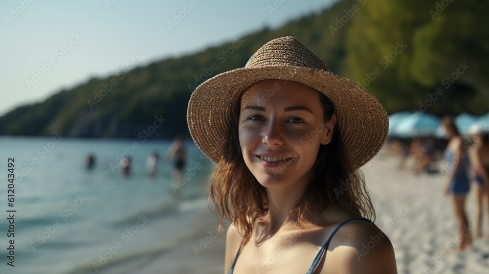 Smiling young woman in hat looking at camera on sandy beach. AI generative image.