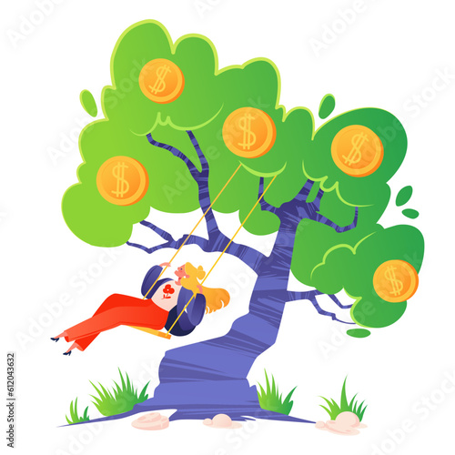 Concept of finance, money, successful investment, enrichment, smart money investing. Metaphor, happy girl swinging on swing attached to money tree, with large gold coins with dollar symbols