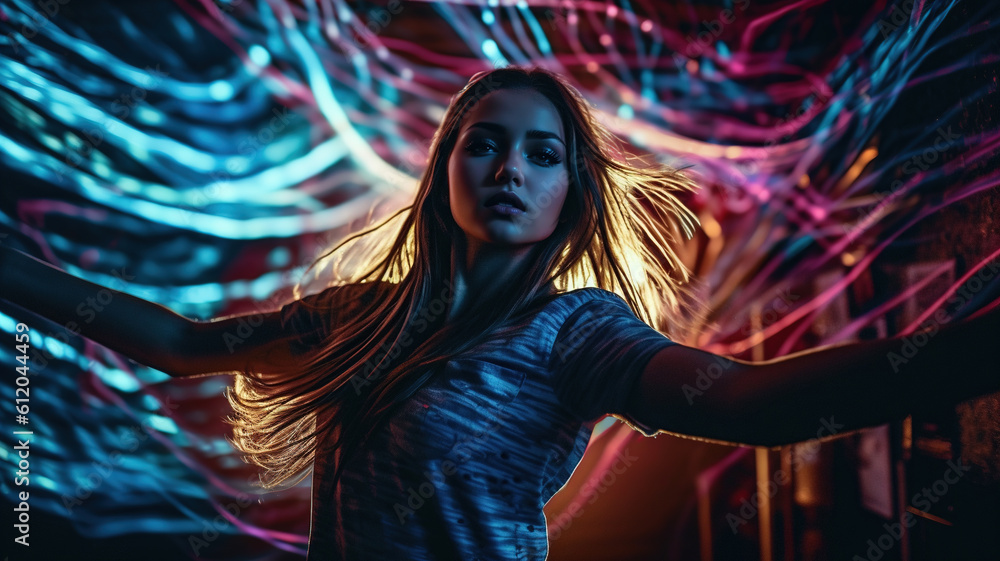 Attractive Girl at Club Summer Dance Party. Dancing, clubbing. Colorful sunglasses. Fashionable Beautiful young woman in nightclub. Vacation nightlife concept. generative ai Attractive Girl at Club Summer Dance Party. Dancing, clubbing. Colorful sunglasses. Fashionable Beautiful young woman in nightclub. Vacation nightlife concept. generative ai