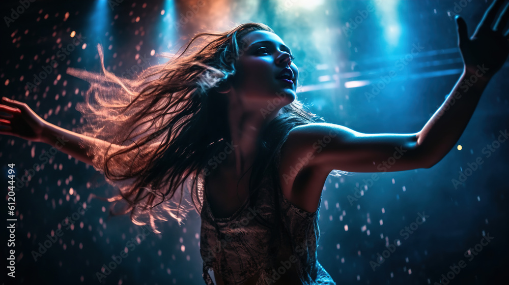 Attractive Girl at Club Summer Dance Party. Dancing, clubbing. Fashionable Beautiful young woman in nightclub. Neon background. Vacation nightlife concept. generative ai Attractive Girl at Club Summer Dance Party. Dancing, clubbing. Fashionable Beautiful young woman in nightclub. Neon background. Vacation nightlife concept. generative ai