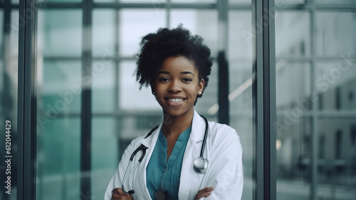 Female Doctor Portrait with Stethoscope in a Hospital. Whitecoat modern clinic worker, Confident woman, Medical student. Medicine health care concept. generative ai