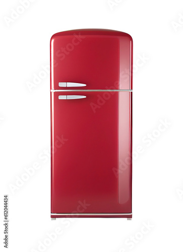 Red retro designed fridge isolated on transparent background, created with generative AI