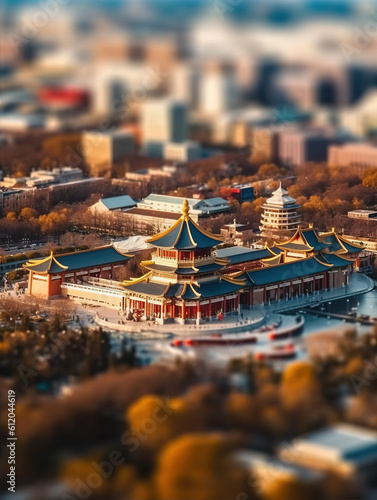 Tilt–shift photography of landmark ancient buildings in Beijing, China,created with generative ai tecnology.