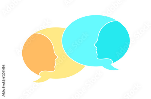 Two talking bubbles with faces. Dialogue between two people. Flat vector minimalistic illustration.