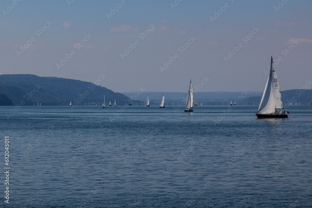 UNTERUHLDINGEN, GERMANY - SEPTMBER 3, 2019: Sail boats at Lake Constance, Baden-Wurttemberg state, Germany