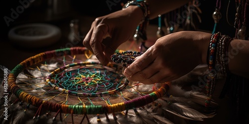 Hands weaving an elaborate dreamcatcher adorned with vibrant feathers and beads, capturing the essence of sunlit summer dreams, concept of Textile Artistry, created with Generative AI technology