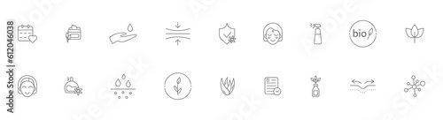 Organic cosmetic line icon set. Bio product sticker. Natural cosmetic. Skin superfood. Certified organic. GMO free. Product free allergen label. Dermatological control. Vegan. Vector illustration