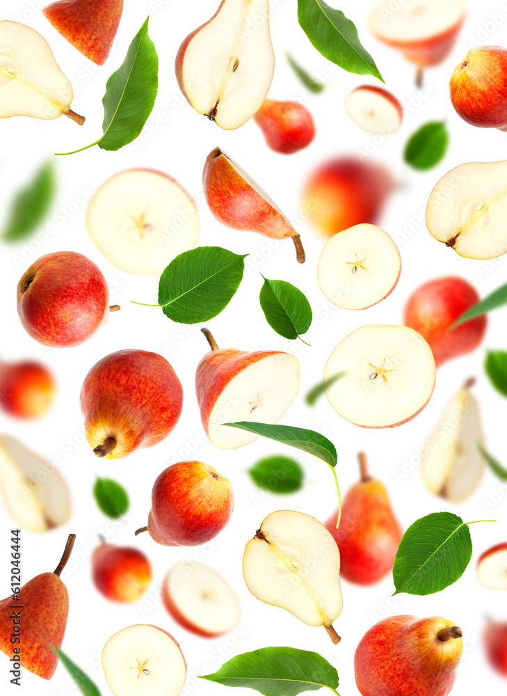 Naklejka premium Flying red ripe juicy pear, green leaves isolated on white background. With clipping path. Mockup. Cut out Sweet whole pears, sliced. Summer organic fruits. Creative composition. Food concept