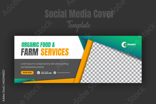 Organic food and agriculture service for social media cover or post design template, modern lawn mower garden, or landscaping service with green gradient background and and abstract yellow color shape
