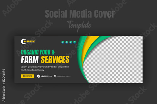 Organic food and agriculture service for social media cover or post design template, modern lawn mower garden, or landscaping service with green gradient background and and abstract yellow color shape
