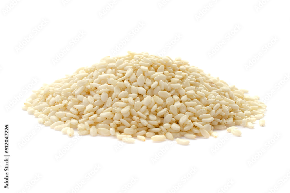 Pile of white sesame seeds isolated on white background, close-up. Heap of sesame seeds on a white background. Heap of peeled sesame seeds isolated on white background, close-up. Pile of white sesame seeds isolated on white background, close-up. Heap of sesame seeds on a white background. Heap of peeled sesame seeds isolated on white background, close-up.