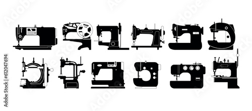 Set Of Sewing Machines Black Icons. Mechanical Devices Used To Stitch Fabrics And Textiles Together With Precision