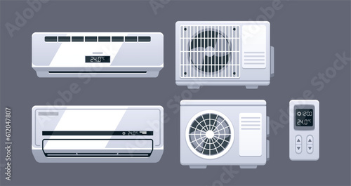 Air Conditioner And Split Air Control System Templates. Set of Climate Equipment Isolated On Grey Background