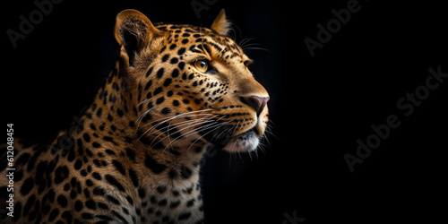 Wilder Leopard bzw. Gepard mit Punkten im Fell Studio Gesicht Nahaufnahme mit schwarzem Hintergrund, ai generativ © www.freund-foto.de