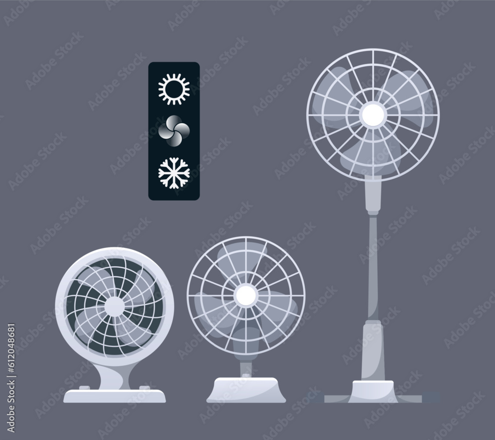 Obraz premium Electric Fans, Air Circulation Climate Equipment, Cooling Fan Types For Hot Weather Of Different Types