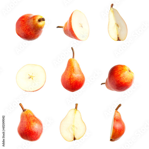 Fototapeta Naklejka Na Ścianę i Meble -  Red ripe juicy pear isolated on white background. With clipping path. Mockup. Cut out Sweet whole pears and sliced. Summer organic fruits, food. Pear collection. Fruit set for your design