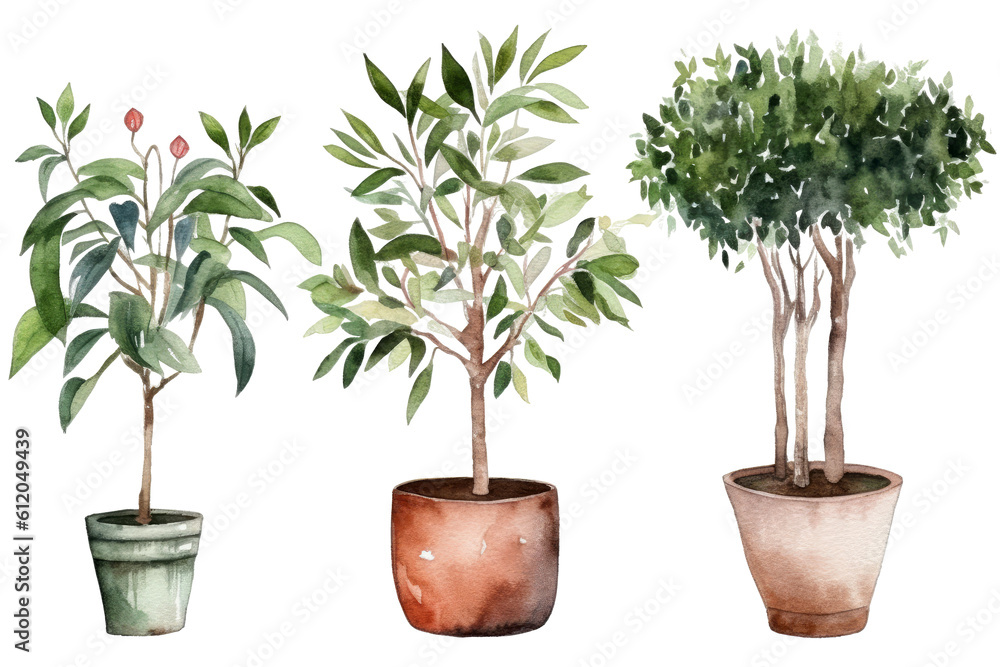 Obraz premium Watercolor of minimal Green Houseplant tree isolated on clear png background, elements natural botanical, leaves, flowers and herbs, set of tree plant collection, with Generative Ai.
