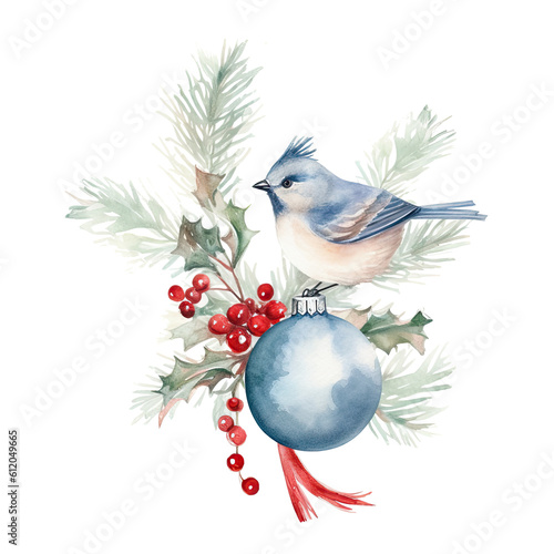 Watercolor Christmas tree toy bird and holly jolly branches. Illustration AI ...