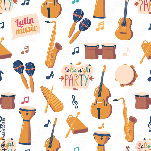 Vibrant Seamless Pattern Showcasing Various Latino Music Instruments In A Lively And Rhythmic Design