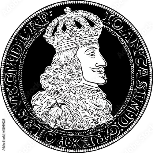Obverse of Gold double ducat of John II Casimir Vasa, polish money. Black and white photo