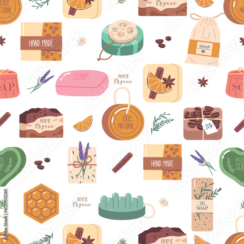 Handmade Soap Seamless Pattern, Repeating Design Featuring Beautifully Crafted Artisanal Soaps, Cartoon Illustration