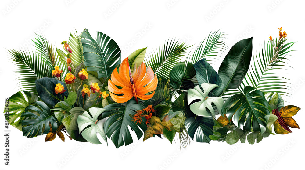 Pile of tropical flower leaf arrangement isolated 
