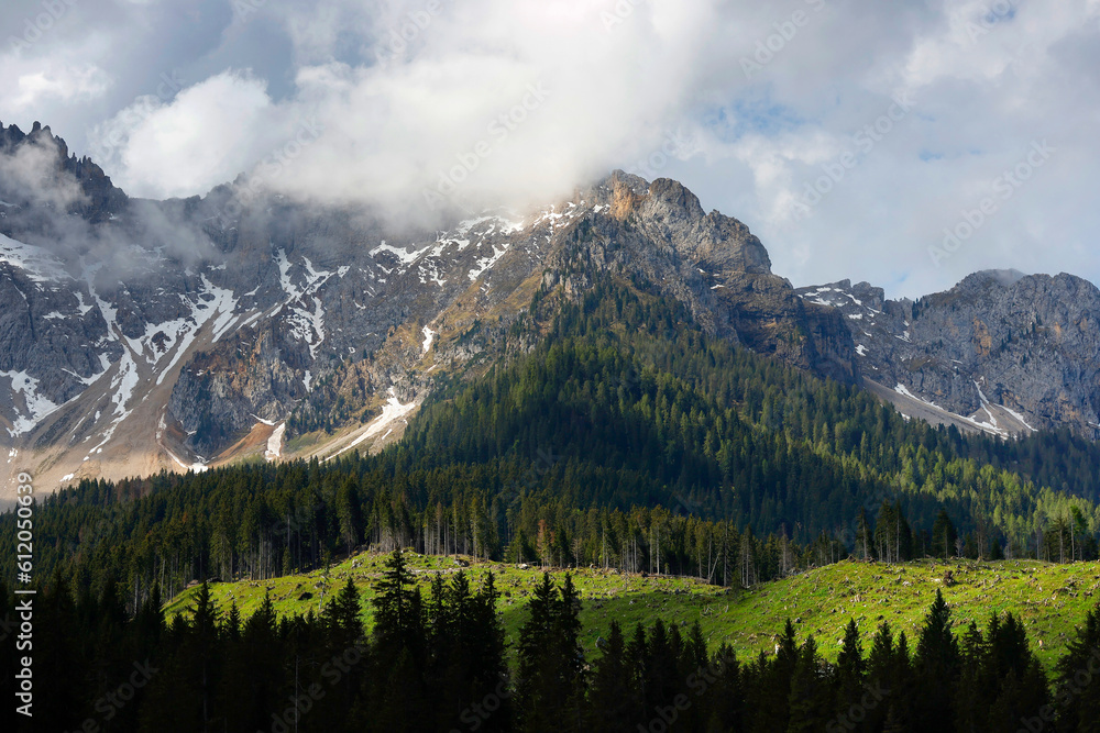 Obraz premium Passo Costalunga in Dolomites, Italy. Hillside of mount Catinaccio (Rosengarten) on the background, Italy, Europe 