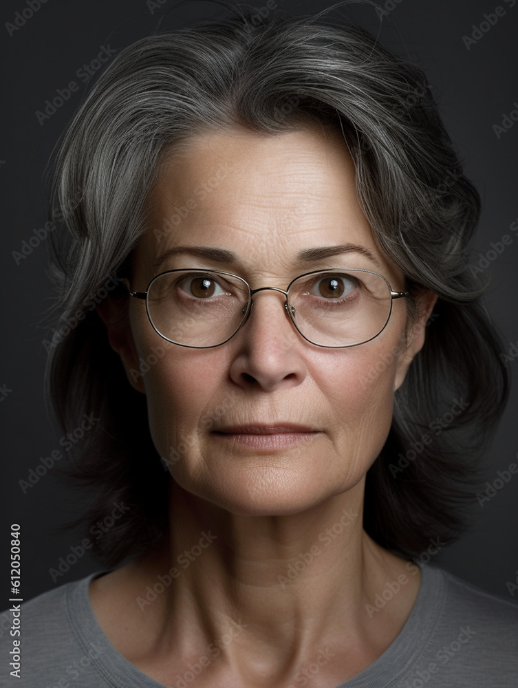 Fototapeta premium Gesicht einer Frau im reifen Alter mit Brille mit dunklen Hintergrund Nahaufnahme, ai generativ