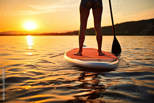 Woman standing on SUP standup paddle board paddling into sunset. Generative AI. photo