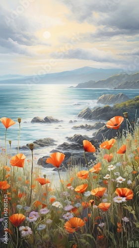 Beautiful flowers, poppies and daisies against the backdrop of the ocean, raging waves. Watercolor paintings sea landscape, sunset in the ocean. Generative Ai.