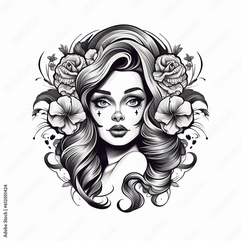 black and white woman tattoo. black and white woman tattoo.