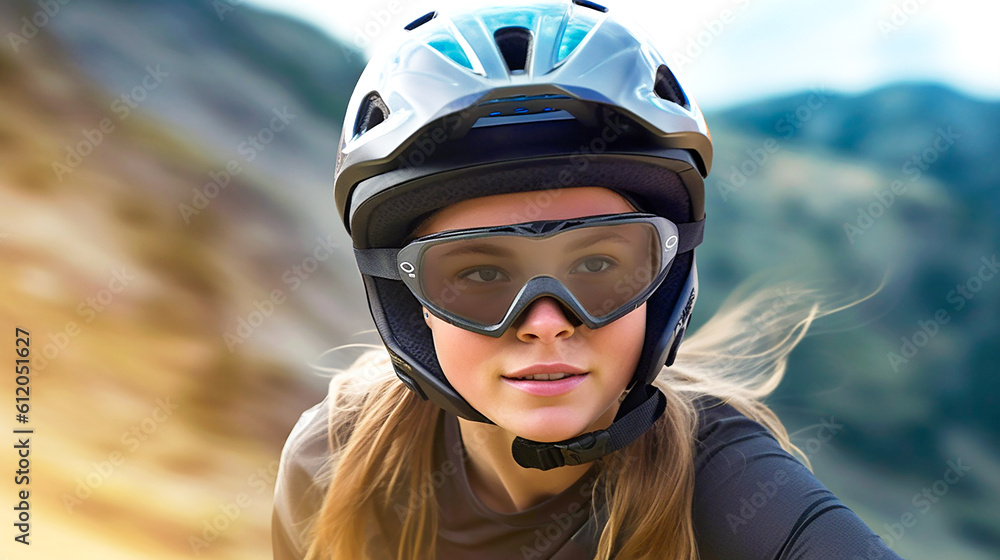 Young woman in helmet and goggles riding down on Mountainbike Young woman in helmet and goggles riding down on Mountainbike