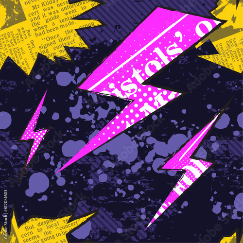 Punk Rock Seamless Pattern. Illustration inspired by music and art in 70's and 80's. Collage vector graphic. Mix of newspaper, bolts, paint splash, grunge, industrial textures and diagonal lines.