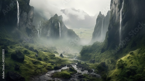 Mystical Misty Valley With Towering Waterfalls. Generative ai. © Svfotoroom
