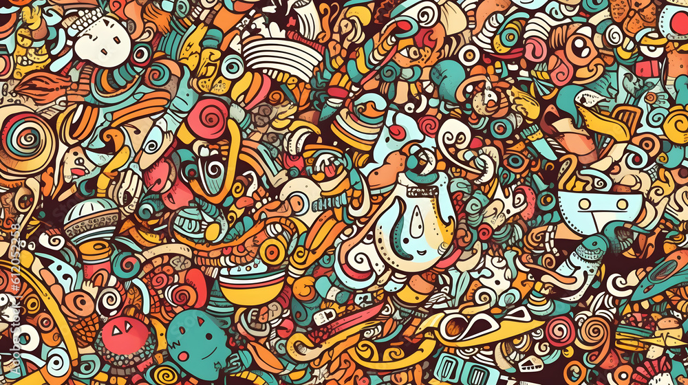 Playful doodle background, featuring intricate patterns, swirls, and doodles inspired by nature, animals, abstract shapes, flowers, suns, clouds, and smiling faces, created with Generative AI