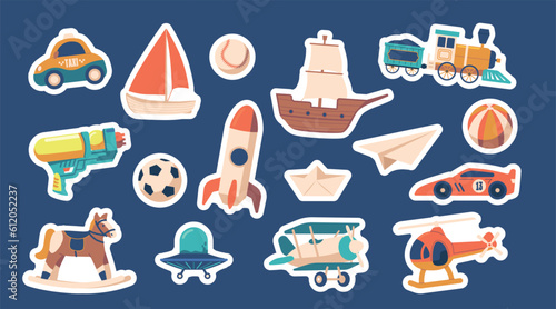 Set Of Stickers Boy Toys Car, Ship, Ball And Ufo Saucer. Rocking Horse, Rocket, Helicopter And Airplane With Train
